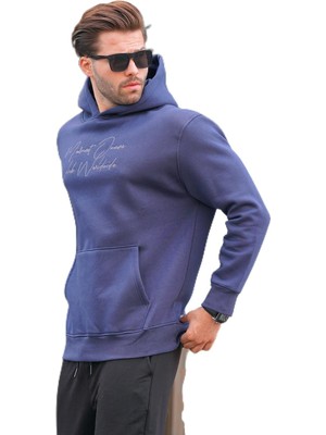 Şanal Madmext Lacivert Kapüşonlu Cep Detaylı Baskılı Erkek Sweatshirt 7064,LACIVERT 2xl