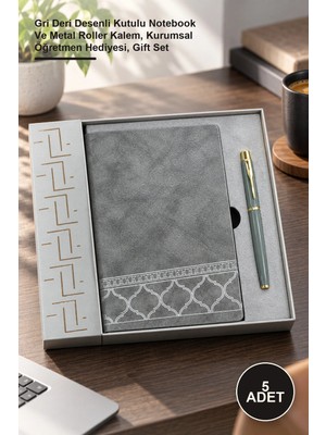 Yenilig 5 Adet Defter Kalem Hediye Seti – Gri Deri Desenli Kutulu Notebook ve Metal Roller Kalem, Kurumsal Öğretmen Hediyesi, Gift Set