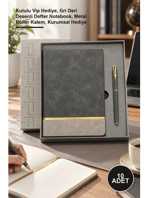 Yenilig 10 Adet Defter Kalem Seti – Kutulu Vip Hediye, Gri Deri Desenli Defter Notebook, Metal Roller Kalem, Kurumsal Hediye