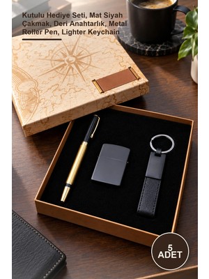 Yenilig 5 Adet Çakmak Anahtarlık ve Metal Roller Kalem Seti – Kutulu Hediye Seti, Mat Siyah Çakmak, Deri Anahtarlık, Metal Roller Pen, Lighter Keychain