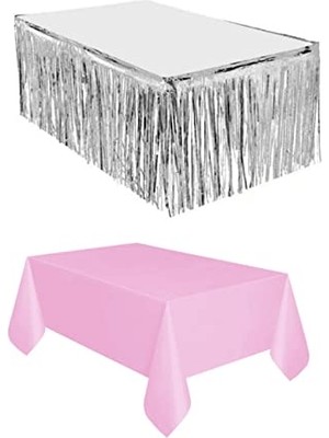 aklow akyoleticaret Gümüş Metalize Masa Eteği + Plastik Pembe Masa Örtüsü