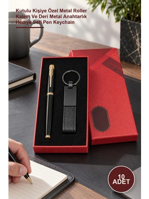 Yenilig 10 Adet Siyah Kalem ve Anahtarlık Seti – Kutulu Kişiye Özel Metal Roller Kalem ve Deri Metal Anahtarlık Hediye Seti Pen Keychain