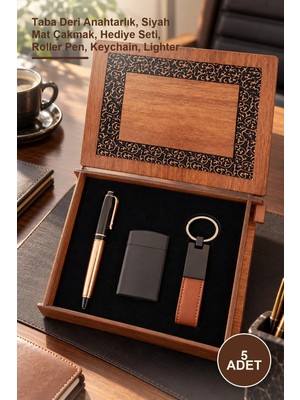 Yenilig 5 Adet Ahşap Kutulu Bakır Roller Kalem – Taba Deri Anahtarlık, Siyah Mat Çakmak, Hediye Seti, Roller Pen, Keychain, Lighter