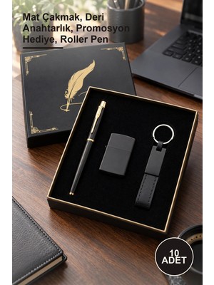 Yenilig 10 Adet Siyah Kutulu Anahtarlık Çakmak ve Metal Roller Kalem Seti – Mat Çakmak, Deri Anahtarlık, Promosyon Hediye, Roller Pen