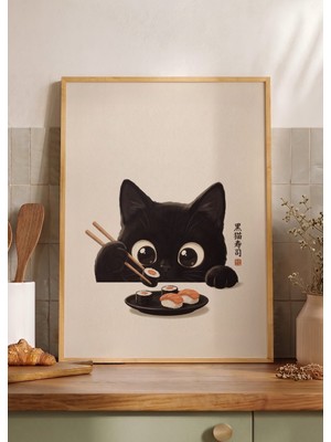 Pena Tablo Japon Stili Suşi Yiyen Kedi Ahşap Çerçeveli Tablo - Eğlenceli Mutfak Tablosu