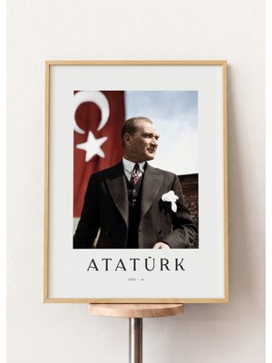 Pena Tablo Atatürk ve Türk Bayrağı Ahşap Çerçeveli Tablo - Renkli Atatürk Portresi