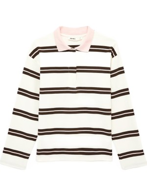 Şanal Regular Fit Uzun Kollu Kontrast Detaylı Polo Yaka Çizgili Sweatshirt