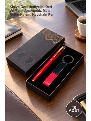 Yenilig 10 Adet Kutulu Kırmızı Anahtarlık ve Kalem Seti – Kişiye Özel Hediyelik, Deri ve Metal Anahtarlık, Metal Roller Kalem, Keychain Pen