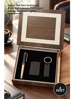 Yenilig 4 Adet Ahşap Kutulu Bakır Roller Kalem Seti – Kişiye Özel Deri Anahtarlık, Siyah Mat Çakmak, Promosyon Hediye, Keychain Lighter