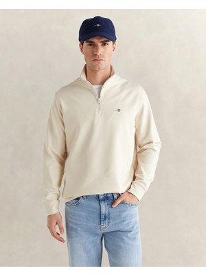 Şanal Gant Erkek Bej Relaxed Fit Yarım Fermuarlı Logolu Sweatshirt