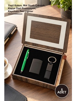 Yenilig 5 Adet Ahşap Kutulu Kalem Anahtarlık Çakmak Seti – Yeşil Kalem, Mat Siyah Çakmak, Kişiye Özel Promosyon, Keychain Pen Lighter