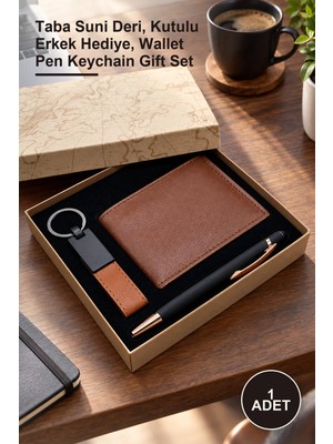 Yenilig 1 Adet Cüzdan Kalem Anahtarlık Hediye Seti – Taba Suni Deri, Kutulu Erkek Hediye, Wallet Pen Keychain Gift Set