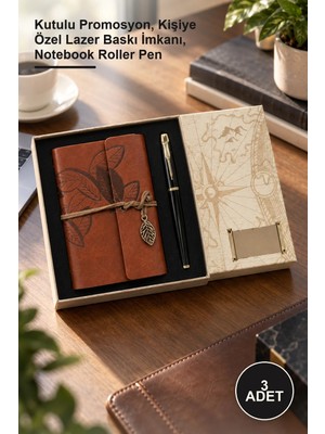 Yenilig 3 Adet Derili Defter ve Siyah Metal Kalem Seti – Kutulu Promosyon, Kişiye Özel Lazer Baskı Imkanı, Notebook Roller Pen