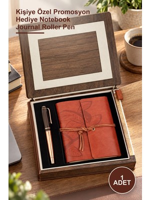 Yenilig 1 Adet Ahşap Kutulu Kahve Deri Defter ve Bakır Roller Kalem Seti – Kişiye Özel Promosyon Hediye Notebook Journal Roller Pen
