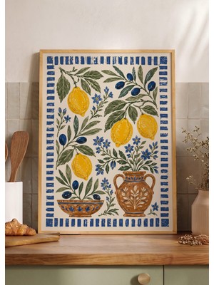 Pena Tablo Akdeniz Limon ve Zeytin Ahşap Çerçeveli Tablo - Sarı Limon ve Mavi Detaylı Mutfak Duvar Dekoru