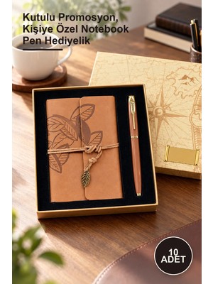 Yenilig 10 Adet Taba Deri Defter ve Kahverengi Metal Kalem Seti – Kutulu Promosyon, Kişiye Özel Notebook Pen Hediyelik