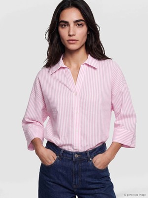 Lc Waikiki Yeni Sezon Pembe Çizgili Oversize Poplin Kadın Gömlek