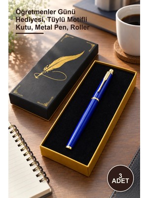 Yenilig 3 Adet Kutulu Metal Mavi Roller Kalem – Öğretmenler Günü Hediyesi, Tüylü Motifli Kutu, Metal Pen, Roller