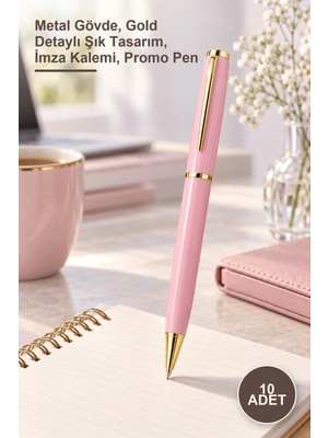 Yenilig 10 Adet Premium Pembe Metal Roller Kalem – Metal Gövde, Gold Detaylı Şık Tasarım, Imza Kalemi, Promo Pen