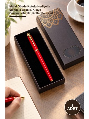 Yenilig 1 Adet Toptan Metal Roller Kırmızı Kalem – Metal Gövde Kutulu Hediyelik Mandala Baskılı, Kişiye Özelleştirilebilir, Roller Pen Red