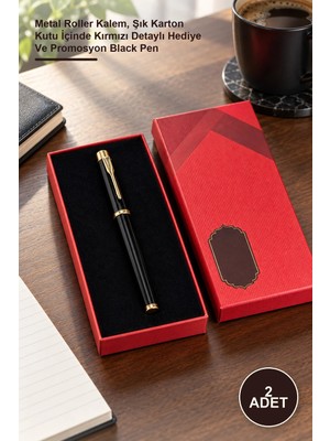 Yenilig 2 Adet Siyah Metal Kalem Kutulu – Metal Roller Kalem, Şık Karton Kutu Içinde Kırmızı Detaylı Hediye ve Promosyon Black Pen