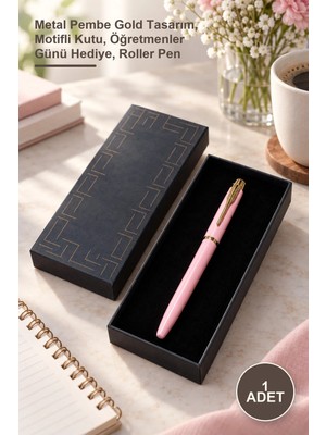 Yenilig 1 Adet Kutulu Roller Kalem – Metal Pembe Gold Tasarım, Motifli Kutu, Öğretmenler Günü Hediye, Roller Pen