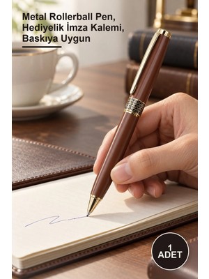 Yenilig 1 Adet Gold Işlemeli Kahverengi Metal Roller Kalem – Metal Rollerball Pen, Hediyelik Imza Kalemi, Baskıya Uygun