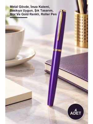 Yenilig 4 Adet Mor Metal Roller Kalem – Metal Gövde, Imza Kalemi, Baskıya Uygun, Şık Tasarım, Mor ve Gold Renkli, Roller Pen