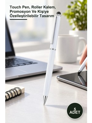 Yenilig 5 Adet Dokunmatik Beyaz Metal Tükenmez Kalem – Touch Pen, Roller Kalem, Promosyon ve Kişiye Özelleştirilebilir Tasarım