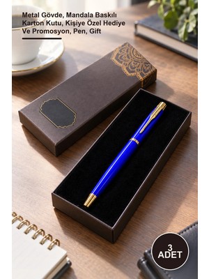 Yenilig 3 Adet Mavi Metal Roller Kalem – Metal Gövde, Mandala Baskılı Karton Kutu, Kişiye Özel Hediye ve Promosyon, Pen, Gift