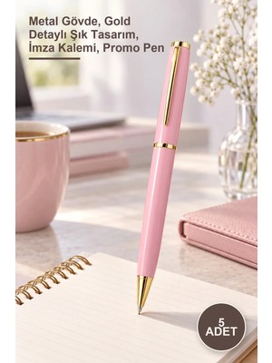 Yenilig 5 Adet Premium Pembe Metal Roller Kalem – Metal Gövde, Gold Detaylı Şık Tasarım, Imza Kalemi, Promo Pen