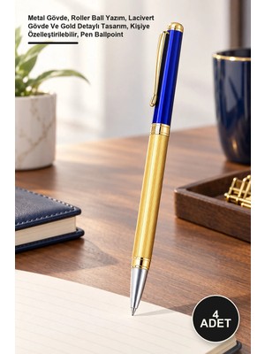 Yenilig 4 Adet Metal Roller Kalem – Metal Gövde, Roller Ball Yazım, Lacivert Gövde ve Gold Detaylı Tasarım, Kişiye Özelleştirilebilir, Pen Ballpoint