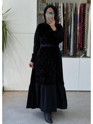 Misswhence 40801 Önü Kadife ve Saçak Detaylı Örme Elbise Siyah