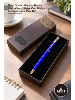 Yenilig 5 Adet Mavi Metal Roller Kalem – Metal Gövde, Mandala Baskılı Karton Kutu, Kişiye Özel Hediye ve Promosyon, Pen, Gift