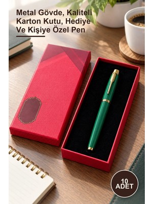 Yenilig 10 Adet Kutulu Yeşil Metal Roller Kalem – Metal Gövde, Kaliteli Karton Kutu, Hediye ve Kişiye Özel Pen