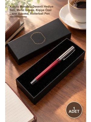 Yenilig 1 Adet Bordo Metal Roller Kalem – Kutulu Mandala Desenli Hediye Seti, Metal Gövde, Kişiye Özel Lazer Kazıma, Rollerball Pen