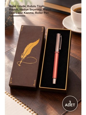 Yenilig 3 Adet Metal Bordo Roller Kalem – Metal Gövde, Kutulu Tüylü Baskılı, Hediye Seçeneği, Kişiye Özel Lazer Kazıma, Roller Pen