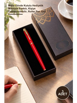 Yenilig 3 Adet Toptan Metal Roller Kırmızı Kalem – Metal Gövde Kutulu Hediyelik Mandala Baskılı, Kişiye Özelleştirilebilir, Roller Pen Red