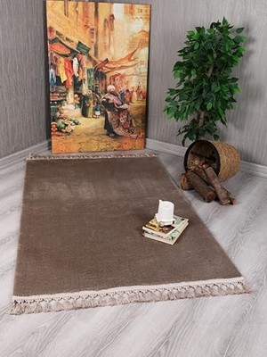 aklow akyoleticaret Modern Dekoratif Örgü Saçaklı Simirna Peluş Halı Yolluk Vizon 80 x 150