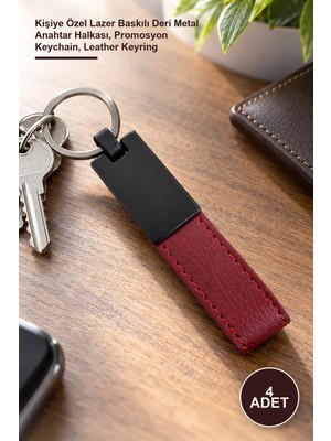 Yenilig 4 Adet Bordo Deri Metal Anahtarlık – Kişiye Özel Lazer Baskılı Deri Metal Anahtar Halkası, Promosyon Keychain, Leather Keyring