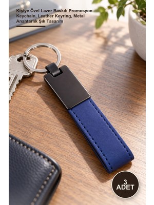 Yenilig 3 Adet Lacivert Deri Metal Anahtarlık – Kişiye Özel Lazer Baskılı Promosyon Keychain, Leather Keyring, Metal Anahtarlık Şık Tasarım