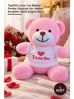 Yenilig 1 Adet Peluş Ayıcık – Tişörtlü I Love You Baskılı Pembe Oyuncak Ayı, Hediye Sevgililer Günü Doğum Günü