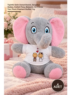 Yenilig 4 Adet Peluş Fil – Tişörtlü Gelin Damat Baskılı, Sevgiliye Hediye, Kaliteli Peluş Malzeme, Gri Pembe Ton, Plush Elephant Stuffed Toy