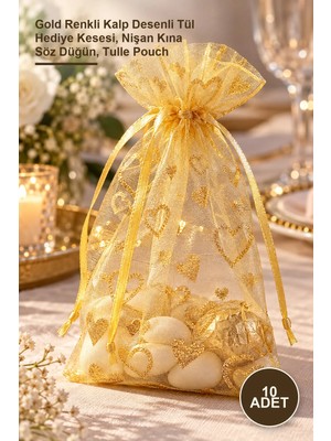 Yenilig 10 Adet Kalpli Tül Kese – Gold Renkli Kalp Desenli Tül Hediye Kesesi, Nişan Kına Söz Düğün, Tulle Pouch