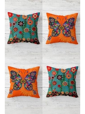 aklow akyoleticaret Yastık; Pelangi Kelebek ve Çiçekler Desenli Vintage Gizli Fermuarlı Kırlent Kılıfı Koltuk Kılıfı TAKIM(4ADET), Turuncu-Yeşil 45 x 45