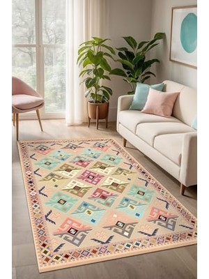 aklow akyoleticaret Misyo Kilim Desen Şönil Kaymayı Önleyici Doğal Pamuk Tabanlı Yıkanabilir Antibakteriyel Çevre Dostu Salon Halısı 120X180