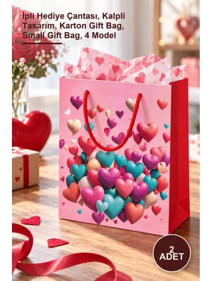 Yenilig 2 Adet Küçük Boy Kalp Motifli Karton Çanta – Ipli Hediye Çantası, Kalpli Tasarım, Karton Gift Bag, Small Gift Bag, 4 Model