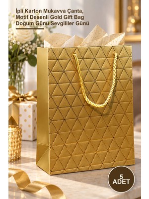 Yenilig 5 Adet Büyük Boy Gold Hediye Çantası – Ipli Karton Mukavva Çanta, Motif Desenli Gold Gift Bag Doğum Günü Sevgililer Günü