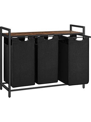 aklow akyoleticaret Çamaşır Sepeti, 3 Bölmeli Çamaşır Sepeti, Çıkarılabilir Çamaşır Torbaları, Çamaşır Sıralayıcı, Raf, Metal Çerçeve, 3 x 38L, 92,5 x 33 x 72 Cm, Rustik Kahverengi ve Siyah BLH301B01