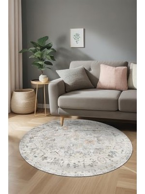 aklow akyoleticaret Renal Vintage Desenli Şönil Pamuk Tabanlı Yıkanabilir Kaymaz Antibakteriyel Yuvarlak Salon Halısı 140X140